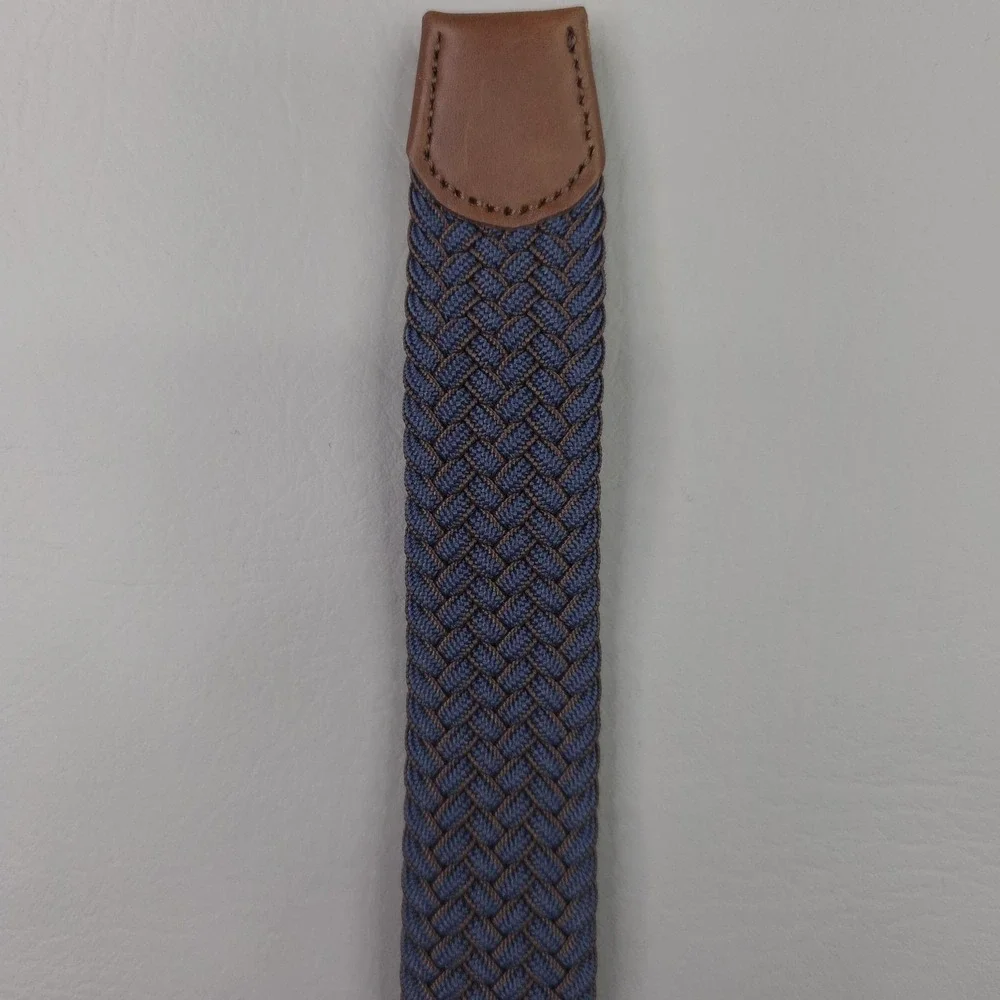 Tommy Bahama Belt Mens 38-42 Blue Braided Stretch Web Leather Trim Silver Buckle